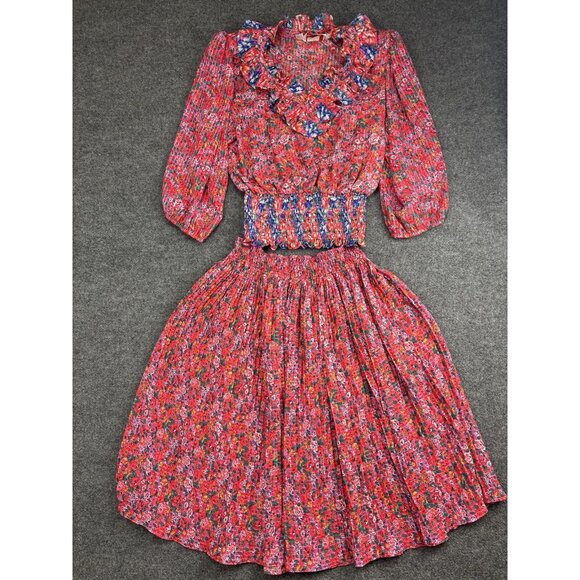 VNTG Susan Freis 2 Piece Skirt Set Womens Large Red Floral Ruffle Neck USA Boho - Picture 1 of 9